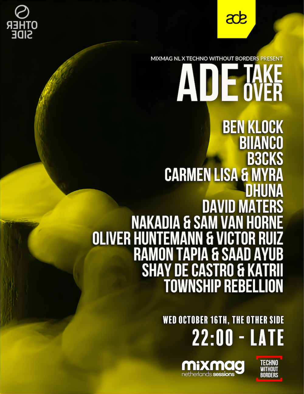 Lire la suite à propos de l’article Techno Without Borders annonce la programmation de l’ADE Takeover 2024, le 16 octobre 2024, à The Other Side, à Amsterdam, avec Ben Klock, Nakadia & San Van Horne, Oliver Huntenmann & Vitor, Township Rebellion et bien plus