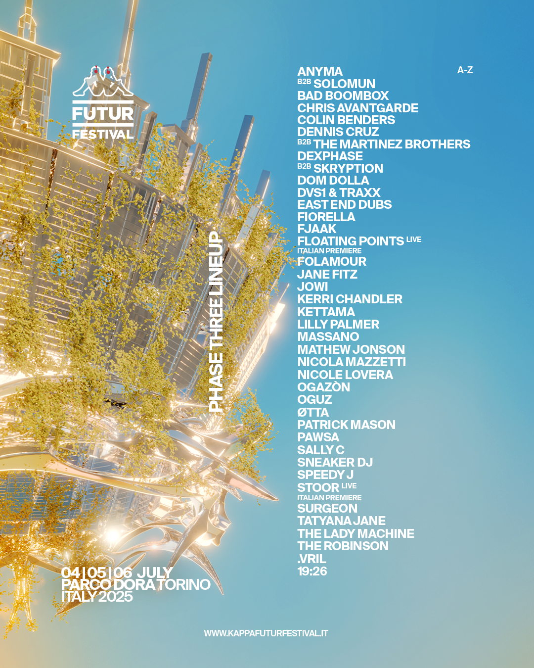 You are currently viewing Kappa FuturFestival 2025, du 4 au 6 juillet à Turin, annonce sa troisième vague d’artistes avec Three Featuring Anyma B2B Solomun, Bad Boombox, Chris Avantgarde, Dennis Cruz B2B The Martinez Brothers, Dexphase B2B Skryption, Dom Dolla, DVS1 & Traxx, East End Dubs, Fiorella, FJAAK, Floating Points et bien d’autres