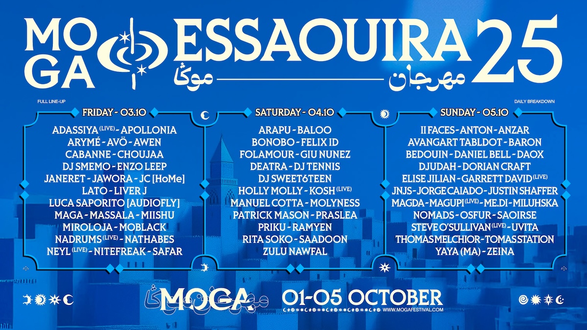 You are currently viewing Le Festival MOGA Essaouira dévoile la programmation complète pour sa sixième édition 2025, du 1 au 5 octobre, avec Apollonia, Bedouin, DJ Tennis, Folamour, Magda, Priku, YAYA et bien d’autres