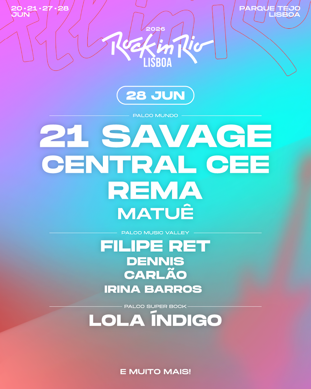 You are currently viewing 21 savage, Central Cee et Rema confirmés pour Rock in Rio Lisbonne 2026, le rap et l’afrobeats s’emparent de la ville du rock le 28 juin